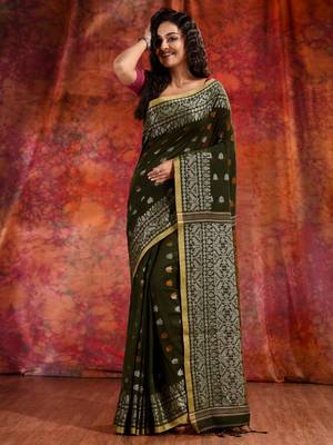 Bottol Green Cotton soft saree with woven design 2