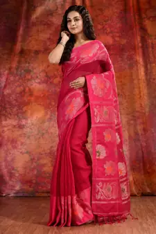 Pink Linen soft handwoven saree with floral design