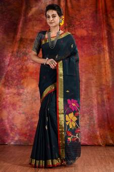 Black Cotton handwoven saree with resham pallu