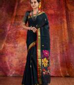 Black Cotton handwoven saree with resham pallu