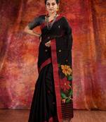 Black Cotton handwoven saree with resham pallu