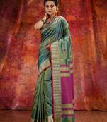 Green Blended Tusser soft handwoven duel tone saree with geometric design in pallu
