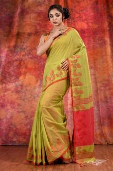 Lime Green Blended Cotton handwoven saree with texture design