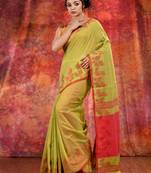 Lime Green Blended Cotton handwoven saree with texture design