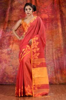Red Blended Cotton handwoven saree with texture design