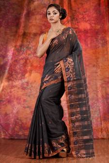 Grey Blended Cotton handwoven saree with zari border