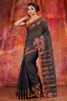 Grey Blended Cotton handwoven saree with zari border