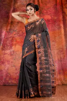 Grey Blended Cotton handwoven saree with zari border