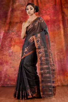 Grey Blended Cotton handwoven saree with zari border