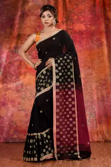 Black Cotton handwoven soft saree with floral border