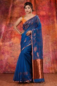 Blue Cotton handwoven soft saree with copper zari