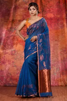 Blue Cotton handwoven soft saree with copper zari