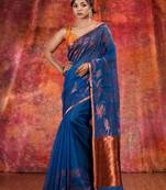 Blue Cotton handwoven soft saree with copper zari