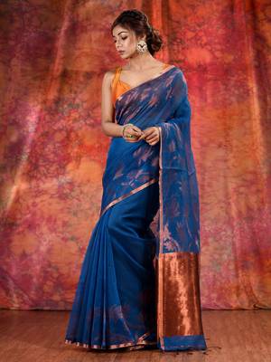 Blue Cotton handwoven soft saree with copper zari 2