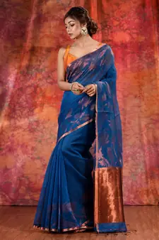 Blue Cotton handwoven soft saree with copper zari