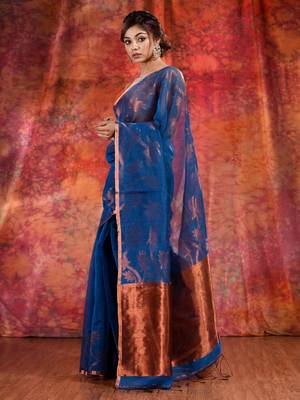 Blue Cotton handwoven soft saree with copper zari 3