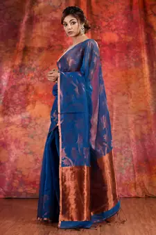 Blue Cotton handwoven soft saree with copper zari