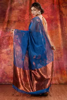 Blue Cotton handwoven soft saree with copper zari