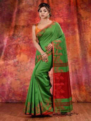 Green Blended Cotton handwoven saree with texture design 1