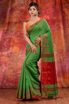 Green Blended Cotton handwoven saree with texture design