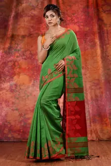 Green Blended Cotton handwoven saree with texture design