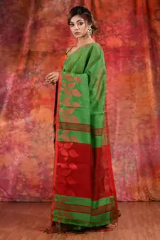 Green Blended Cotton handwoven saree with texture design