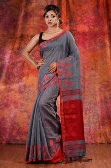 Grey Blended Cotton handwoven saree with texture design