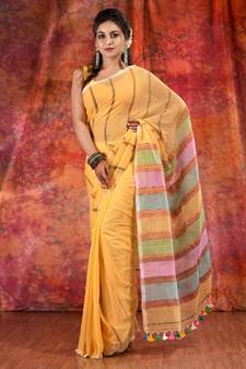 Yellow Cotton Khesh soft handwoven saree