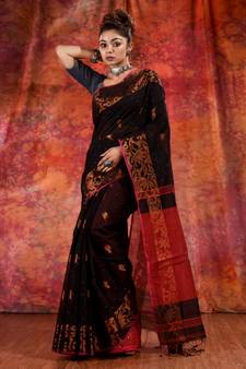 Black Cotton Handspun handwoven saree with zari border