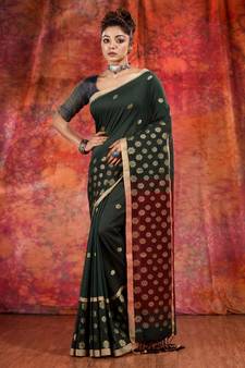 Green Cotton handwoven soft saree with floral border