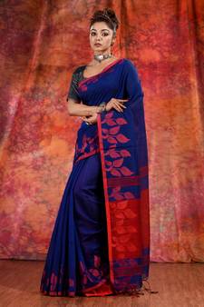 Blue Blended Cotton handwoven saree with texture design