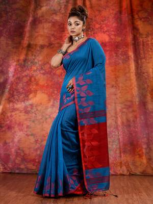 Teal Blended Cotton handwoven saree with texture design 1