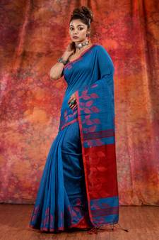 Teal Blended Cotton handwoven saree with texture design