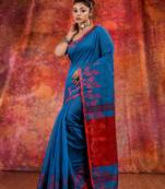 Teal Blended Cotton handwoven saree with texture design