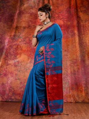Teal Blended Cotton handwoven saree with texture design 2