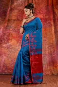 Teal Blended Cotton handwoven saree with texture design