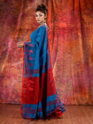 Teal Blended Cotton handwoven saree with texture design 3