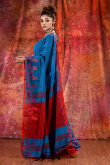 Teal Blended Cotton handwoven saree with texture design