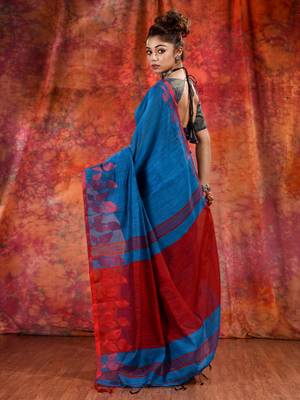 Teal Blended Cotton handwoven saree with texture design 4