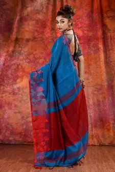 Teal Blended Cotton handwoven saree with texture design