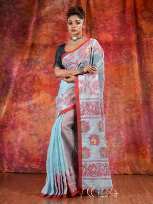 Sky Blue Linen handwoven soft saree with floral design 1