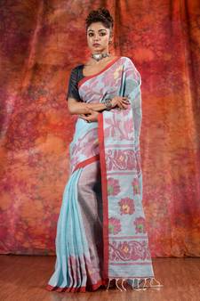 Sky Blue Linen handwoven soft saree with floral design