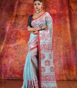 Sky Blue Linen handwoven soft saree with floral design