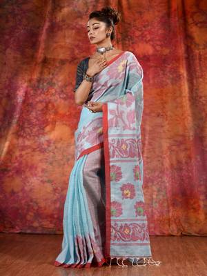 Sky Blue Linen handwoven soft saree with floral design 2