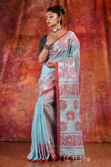 Sky Blue Linen handwoven soft saree with floral design