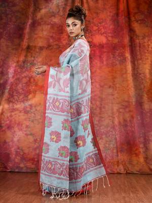 Sky Blue Linen handwoven soft saree with floral design 3