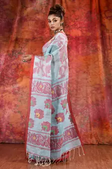 Sky Blue Linen handwoven soft saree with floral design