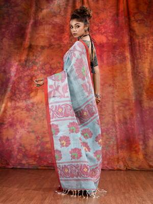 Sky Blue Linen handwoven soft saree with floral design 4