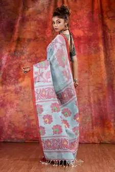 Sky Blue Linen handwoven soft saree with floral design