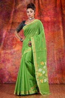 Green Cotton handwoven saree with resham pallu